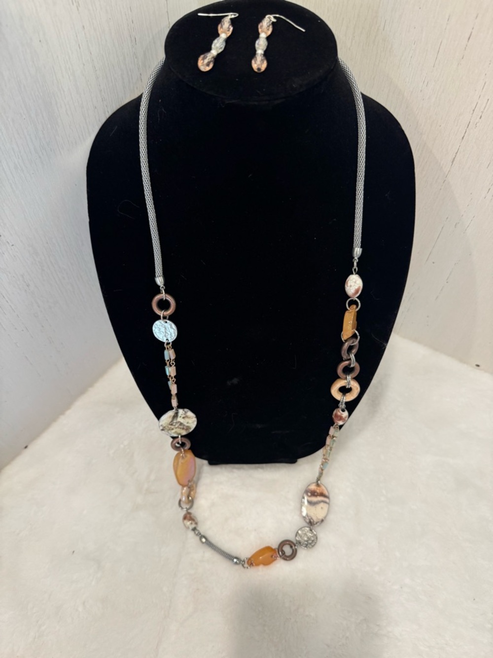 Silver and Peach Stone Dangle Earrings and Long Necklace